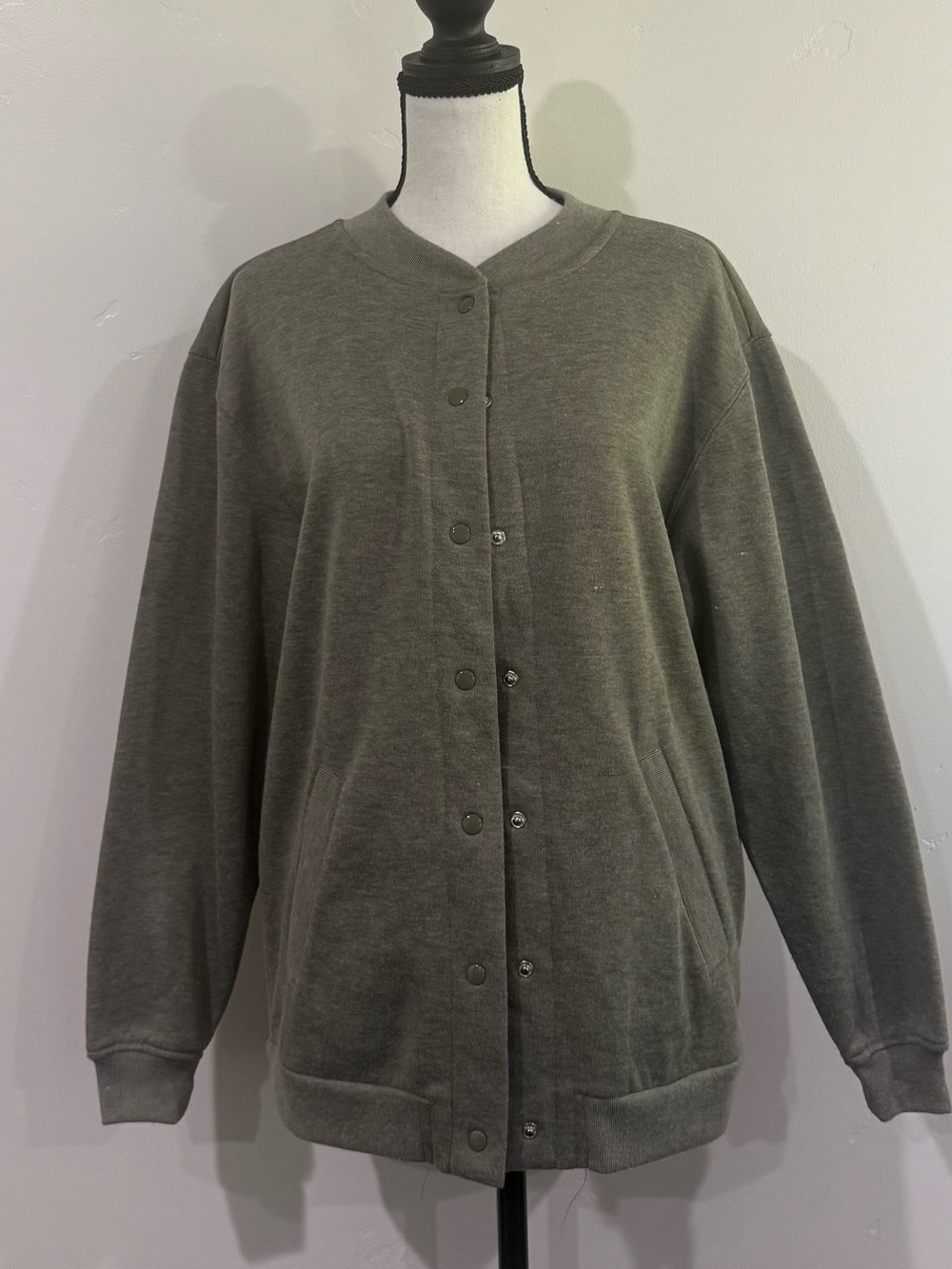 Y2K Blair Sage Green Snap-Front Fleece Bomber Cardigan Sweatshirt